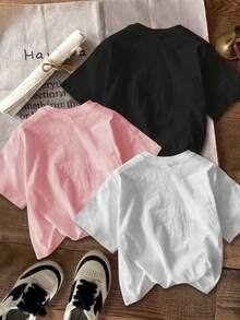 SHEIN 3 件装年轻女孩休闲卡通蝴蝶结印花短袖圆领 T 恤，适合夏季 - 彩色 - 查看 2