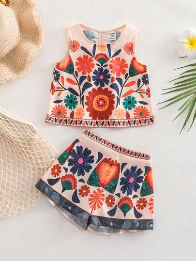 SHEIN 2 Pieces Babygirl Vacation Casual Floral Print Camisole And Shorts Set Toddler Orange Outfit Girl Babygirl Orange Accessories Toddler Summer Outfit Toddler Floral Shorts Set Summer Toddler Sets Toddler Cute Casual Floral Pattern Dress Summer Summer Clothes Sets 2 Piece Outfit For Baby Girl Colorful Little Kid 2 Piece