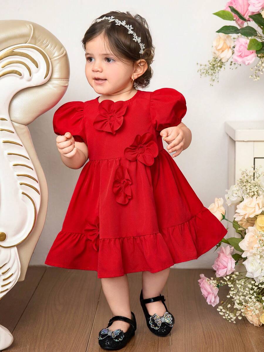 Baby Girl Casual 3D Floral Decor Round Neck Puff Sleeve Ruffle Hem Babydoll Dress, Red, Spring/Summer - Red - View 1