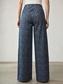 MOTF PREMIUM WOMEN'S FASHIONABLE LEOPARD JACQUARD WIDE LEG JEANS - Blue - View 6