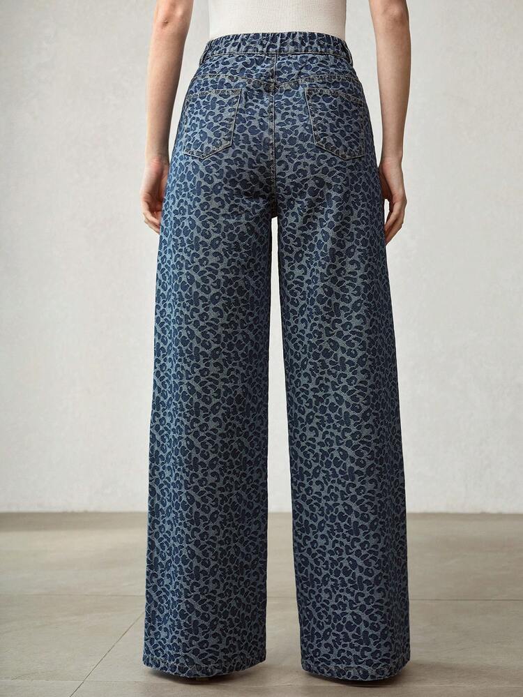 WOMEN'S FASHIONABLE LEOPARD JACQUARD WIDE LEG JEANS