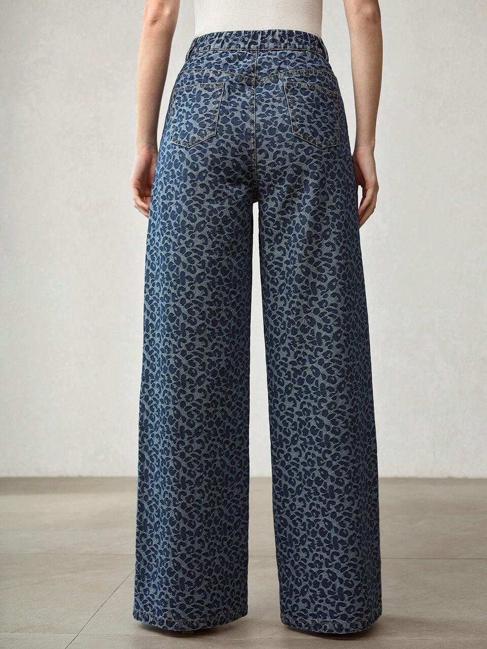 WOMEN'S FASHIONABLE LEOPARD JACQUARD WIDE LEG JEANS