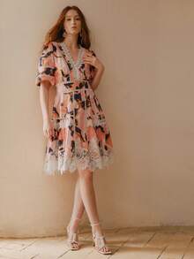 MOTF WOMEN'S FASHION FLORAL PRINT CONTRAST LACE SHORT DRESS - Multicolor - View 1