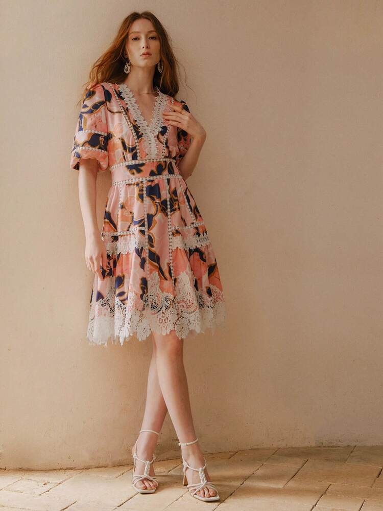 WOMEN'S FASHION FLORAL PRINT CONTRAST LACE SHORT DRESS