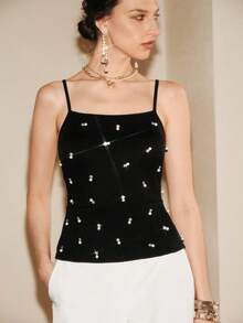 Revavyn Revavyn Women's Black Summer Elegant Ribbed Knit Cami Top,Spaghetti Strap Rhinestone & Pearl Embellished Peplum Camisole,Party Night Y2K Slim Blouse - Black - View 3