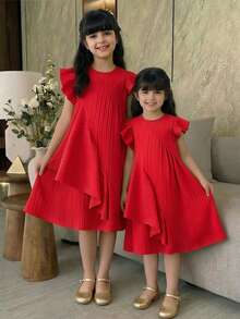 SHEIN 少女休闲度假修身圆领不对称下摆拼接短袖提花连衣裙，红色 - 紅色 - 查看 4