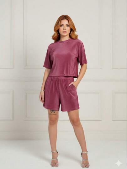 Conjunto de 2 piezas para Verano,  Conjunto Plisado de Top y Short para Vacaciones y Eventos de Playa`