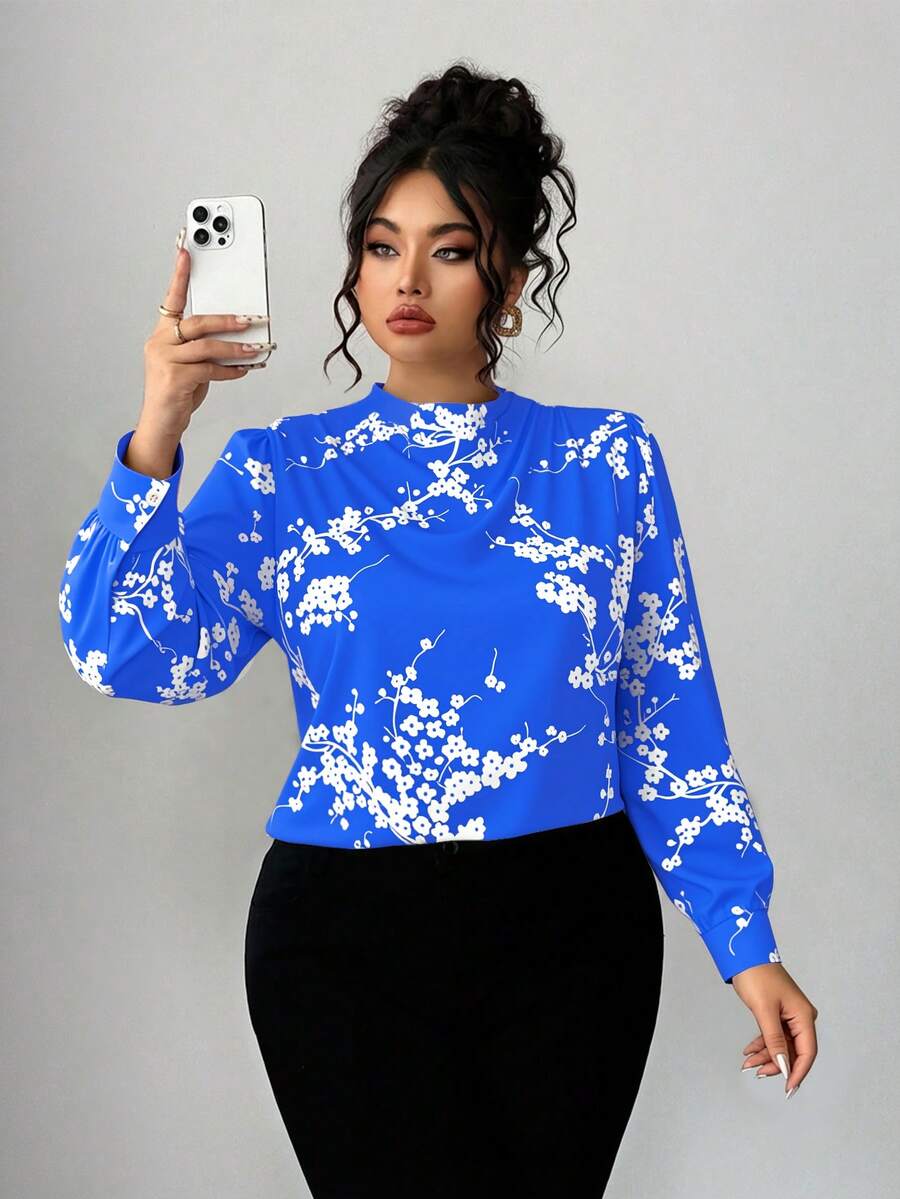 Elenzga 大码女式休闲度假印花宽松漏斗领灯笼袖上衣，春秋季 - 藍色 - 查看 1