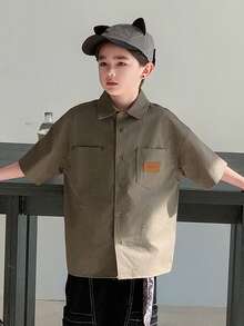 DAZY 青少年男孩夏季休闲时尚街头风日常通勤贴布装饰口袋插肩宽松衬衫 - 綠色 - 查看 6