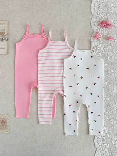 SHEIN 3pcsBaby Girl's Casual, Basic, Versatile Everyday Knitted Jumpsuit, Comfortable, Pink Striped With Bow And Cherry Print, Long Strap, Slim Fit