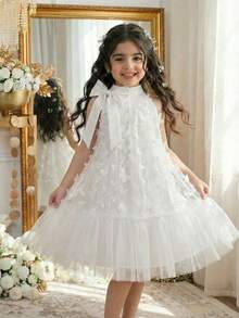 Vestido infantil feminino com gola alta, estampa de borboletas e patchwork em tule. Ideal para uso casual, diário e festas. - Branco - Ver 7