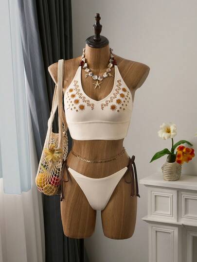 Bellisia 2pcs Embroidered Cute & Sweet Retro Elegant Swimwear, Casual Beach Vacation Women Camisole Strap Bikini
