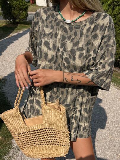 DAZY Women's Summer Round Neck Loose Fit Textured Fabric Street Style Casual T-Shirt