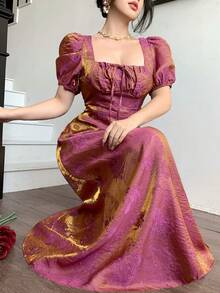 DAZY 女士方领泡泡袖短袖优雅收腰特制面料连衣裙 - 玫紅色 - 查看 4