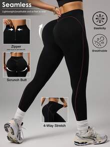 Slayform Leggings de sport sans couture, pantalon long style fermeture éclair, levage et mise en forme, collants de base de sport - Noir - Voir 1