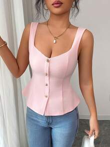 Elenzga Women's Fashionable Elegant Square Collar Button-Up Pleated Waist Fitted Camisole - Pink - View 3