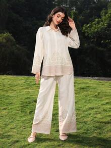 Mulvari Women's Casual Vacation Style Plant Print Drop Shoulder Loose Flare Sleeve Shirt And Wide Leg Pants Set, Spring/Autumn - Multicolor - View 3