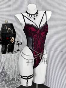 Coolane 女士秋冬四季皆宜 Y2K 哥特风狂欢装蕾丝弹力舒适不对称领口酒红色连体衣 - 酒紅色 - 查看 3