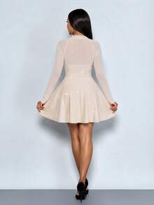 SOLERSUN 秋冬女装：优雅通勤、日常休闲、派对、闪亮亮片、黑色针织纹理面料、网眼面料、AB彩拼接、长袖、方领、A字迷你连衣裙 - 杏色 - 查看 2