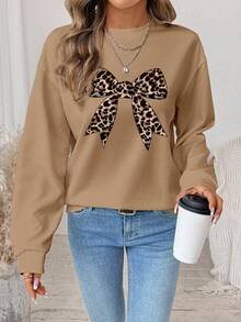 SHEIN LUNE Women's Casual Leopard Print Bow Graphic Round Neck Loose Fit Long Sleeve Sweatshirt - Multicolor - View 6
