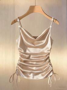 Franclia 纯色缎面垂领珍珠抽绳修身女式吊带背心，夏季假日，情人节，派对上衣，优雅女式上衣，度假，闪亮上衣，优雅女式吊带背心，嘉年华，沙滩装，度假，无袖上衣。 - 杏色 - 查看 3