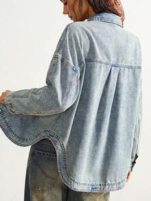 Bohemela Plus Size Rivet Decor Fashion Long Sleeve Denim Blouse - Light Wash - View 6