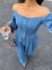 Siren Gaze Women's Fashion Casual Denim Off Shoulder Jumpsuit - Medium Wash - View 1