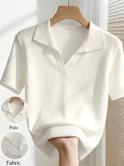 Franclia Women's Spring/Summer White Simple Everyday Collared Short-Sleeved Casual Slim Fit Knit Top, Suitable For Daily Wear, Summer Outfits, Summer Holiday Outfits, Summer Tops, Spring Clothing, Women's Elegant Outfits, Women's Elegant Tops, Women's Vacation Outfits, Vacation, Holiday, Women's Vacation Clothing, Women's Casual Tops, White Top White Polo Shirt Cream Blouse Elegant White Top White Blouse Office Tops Women Short Sleeve Sweater Summer Tops Women Knit Tops