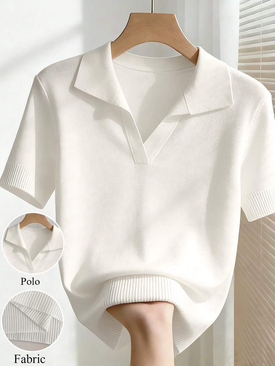 Franclia Women's Spring/Summer White Simple Everyday Collared Short-Sleeved Casual Slim Fit Knit Top, Suitable For Daily Wear, Summer Holiday, Spring, Elegant - White - View 1