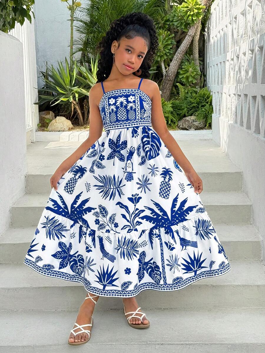 Tween Girl Tropical Blue Print Dress With Adjustable Back, Spring/Summer - Blue - View 1
