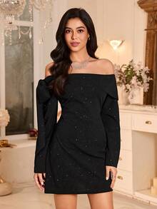 Modelyn Women's Elegant Embroidered Off Shoulder Cinched Waist Side Bow Black Mini Dress - Black - View 5