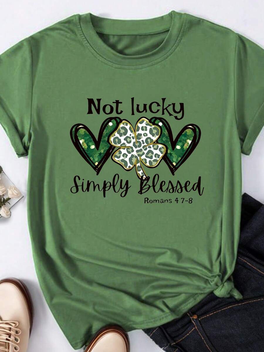 SHEIN CURVE+ 女士加大码爱心、字母和三叶草图案圆领短袖T恤，休闲款，Not Lucky Simply Romans 4:78 图案T恤，女士上衣 - 橄欖綠 - 查看 1