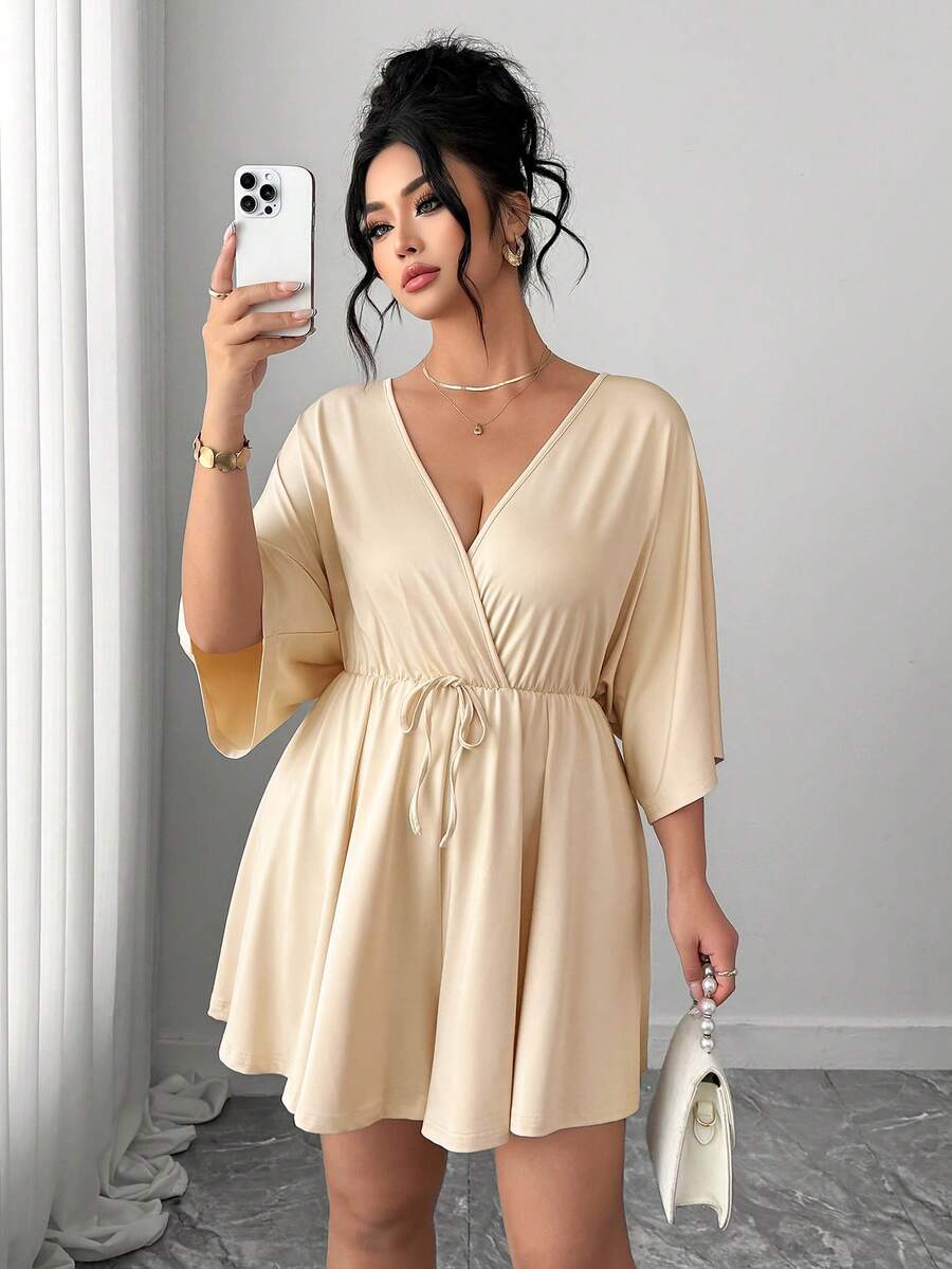 Elenzga Plus Size Women's Crossover V-Neck Short Jumpsuit, Knit Casual Romper - Apricot - View 1