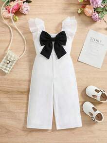 SHEIN Baby Mädchen süßer Farbblock Schleife Dekor Rüschenärmel Romper, Sommer - Weiss - Übersicht 2