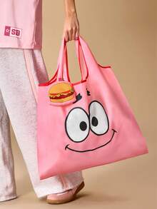 SpongeBob SquarePants | SHEIN 1个可爱卡通人物印花可折叠购物袋/手提袋，带小收纳袋和可挂在袋子上的珠链，蟹黄堡图案，粉色，可爱，卡哇伊 - 粉色 - 查看 3