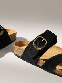 Solecia Women's Buckle Design Casual Fashionable Flat Sandals Summer Shoes - Black - View 6