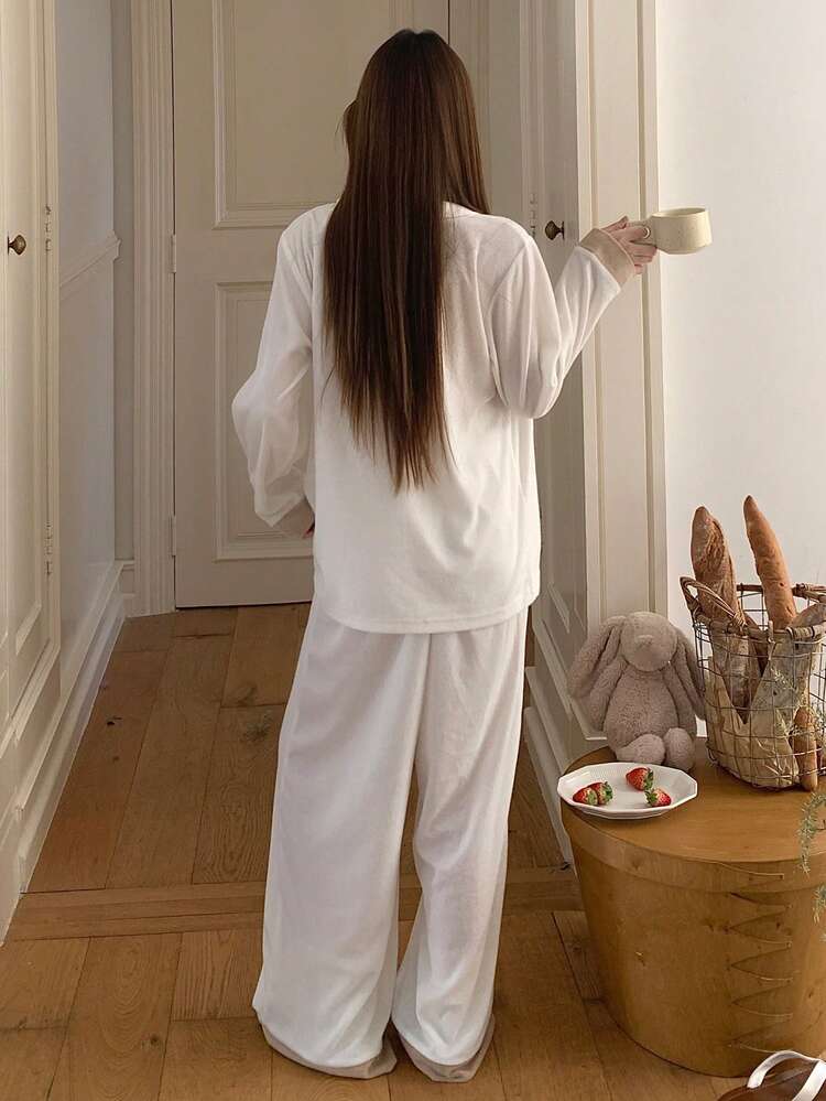 2pcs/Set Women Bow Tie & Puppy Embroidery Loose Cardigan Long Sleeve & Pants Pajama Set, Autumn/Winter