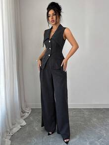 SHEIN Elenzya Sleeveless Cinched Waist Jacket & Straight Leg Pants Striped Fabric Elegant Women's Suit Set - Multicolor - View 5