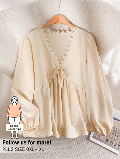 CosyJoli Plus Size Women's Apricot Lace Trim Blouse, Cute Ladies' Spring Casual Long Sleeve Outerwear Top, Suitable For Work And Leisure, Spring Apparel Cream Blouse Elegant Blouses Lantern Sleeve Blouse Elegant Blouse For Women  Spring Outfit Women Spring Blouse For Women