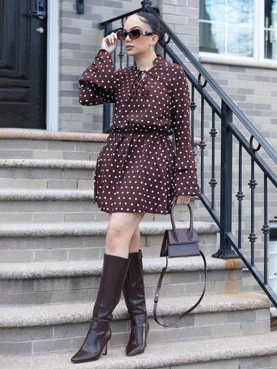 Melissa Matos Enkel elegant prickig klänning för kvinnor, höstklänning