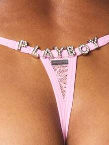 Missguided x Playboy Delicate Lace Thong With Diamante Letter Trim Detail Intimate Lingerie Underwear For Valentine - Pink - View 6