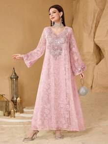 SHEIN Najma Đầm kiểu Ả Rập lãng mạn, thanh lịch dành cho thiếu nữ, làm từ vải cắt ren tinh tế. - Màu Hồng baby - Xem 8