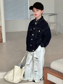 DAZY 青少年男童休闲时尚街头通勤翻盖口袋撞色缝线落肩宽松牛仔夹克，春秋季 - 藍色 - 查看 6