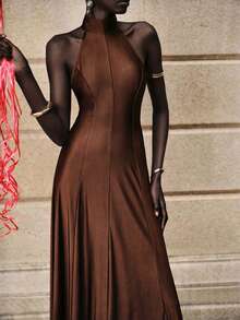 Lumivelle Backless Halter Dress For Women, Vintage Elegant Solid Color Reflective Satin Dress With Flared Skirt, Slimming & Elongating, Soft & Draping, Suitable For Daily, Date, Commute - Brown - View 4