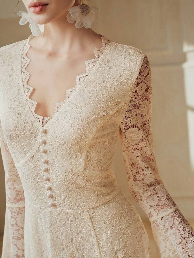 Women's New Lace Long Sleeve Maxi Elegant Delicate Luxurious A-Line Beige Dress, Spring/Summer, Suitable For Valentine's Day, Flare Sleeve