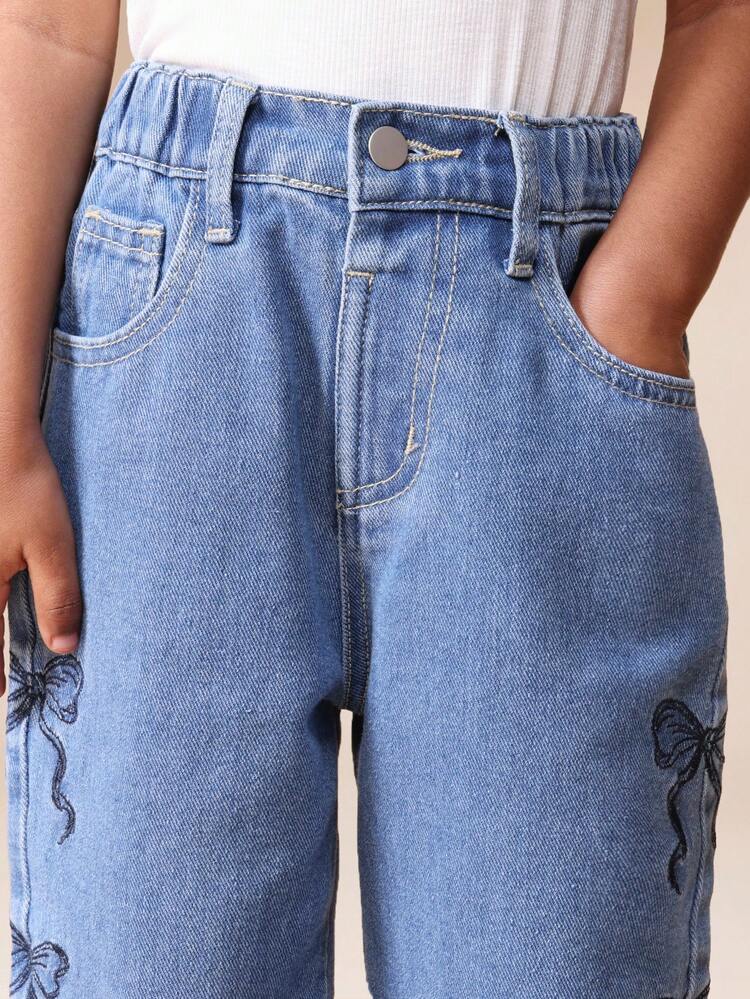 Butterfly Embroidered Wide Leg Jeans With Bow Details