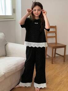 Dazy Kids Tween Girl Polka Dot Print Contrast Schiffy Hem Short Sleeve Top And Wide Leg Pants Pajama Set, Spring/Summer/Autumn - Black - View 5