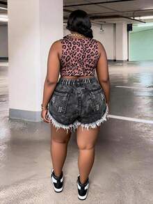 CurvyTilda Plus Ripped Raw Hem Denim Shorts - Black - View 2