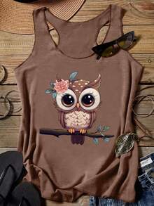 INAWLY Women's Casual Owl Printed Vest For Vacation Graphic Tees Women Tops - Mocha Brown - View 1