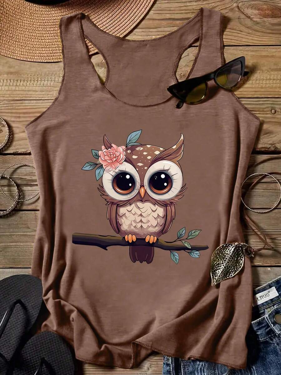 INAWLY Women's Casual Owl Printed Vest For Vacation Graphic Tees Women Tops - Mocha Brown - View 1